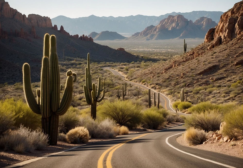 The winding road from Phoenix to Jerome climbs through rugged desert terrain, passing by towering cacti and dramatic rock formations, with the historic town perched on a hilltop in the distance